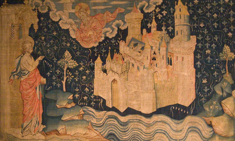 1382 103m X 4.5m Château d'Angers © wikicommons View this work in the exhibition Babel to Dubai: Urban Utopias The work The Apocalypse Tapestry is an outstanding work commissioned by Louis I of Anjou, brother of King Charles V. It was designed by Hennequin de Bruges based on illuminations showing the Apocalypse of John. A technical masterpiece, it originally comprised six panels spanning a total of 140 meters, only two thirds of which remain. 