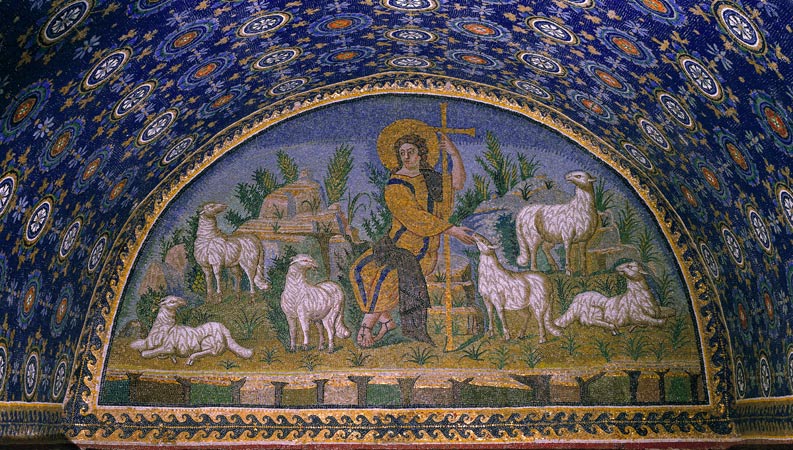 Mosiac of Christ the Good Shepherd. The Mausoleum of Galla Placidia (386-452), Roman emperor Honorius' sister, is a Christian funerary monument. 